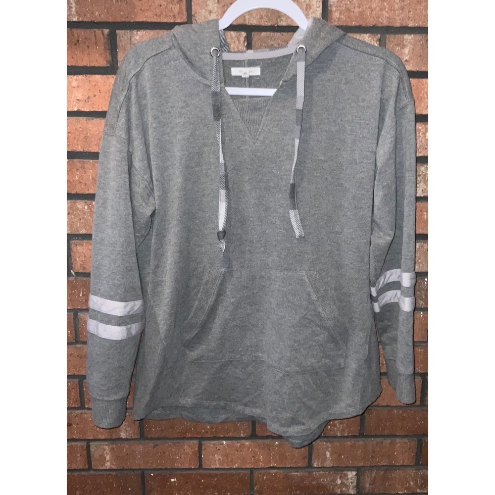 Maurices Womens Heather Grey Plaid Lined Hoodie Varsity Stripe Pullover Size M